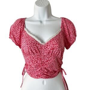 Hollister Women's Cropped Peasant Top XS Pink Floral Print Smocked Short Sleeve